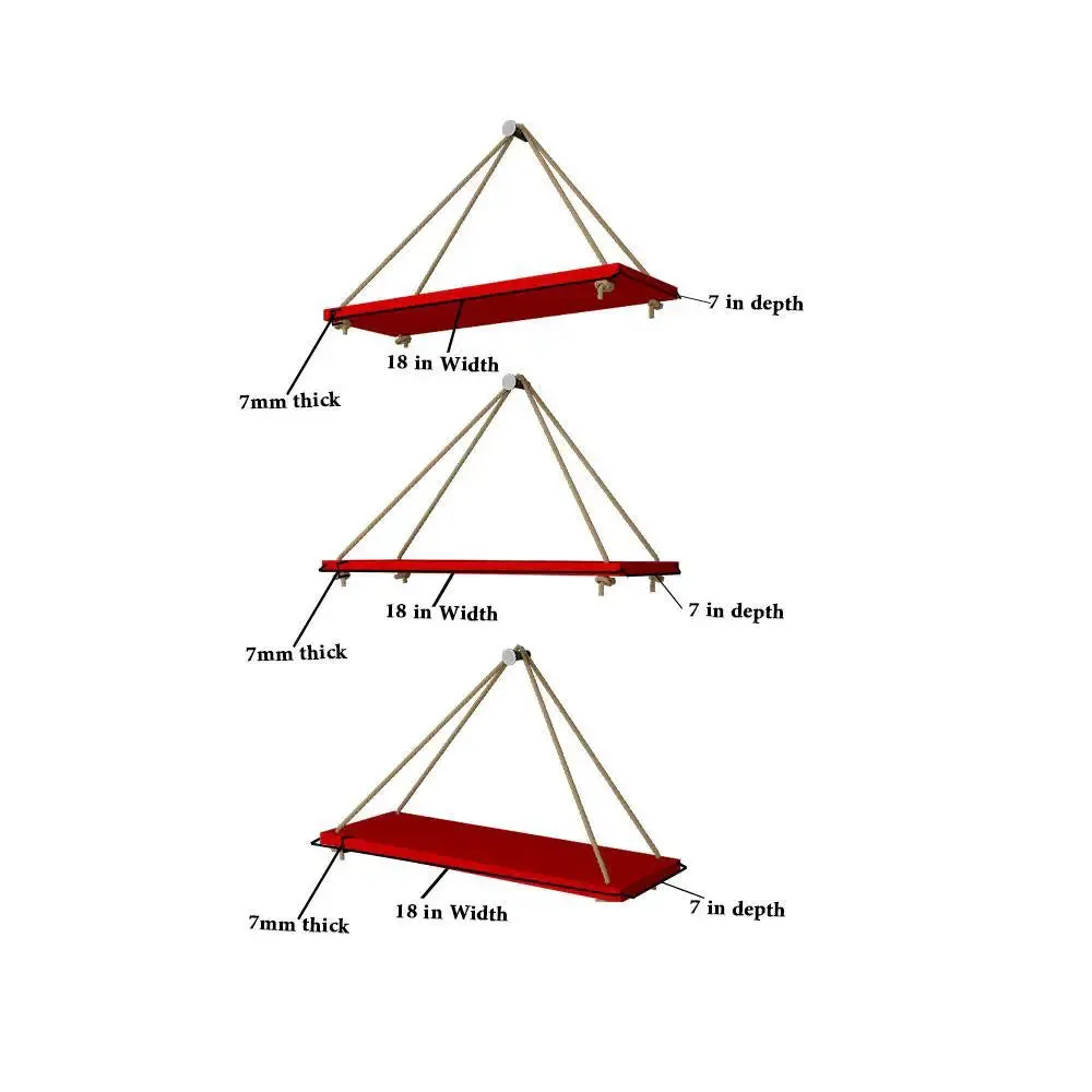 Wooden Wall Hanging Planter Shelf with Rope (Set of 3 Red Color)