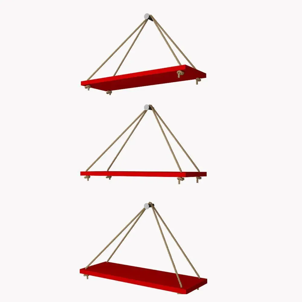 Wooden Wall Hanging Planter Shelf with Rope (Set of 3 Red Color)