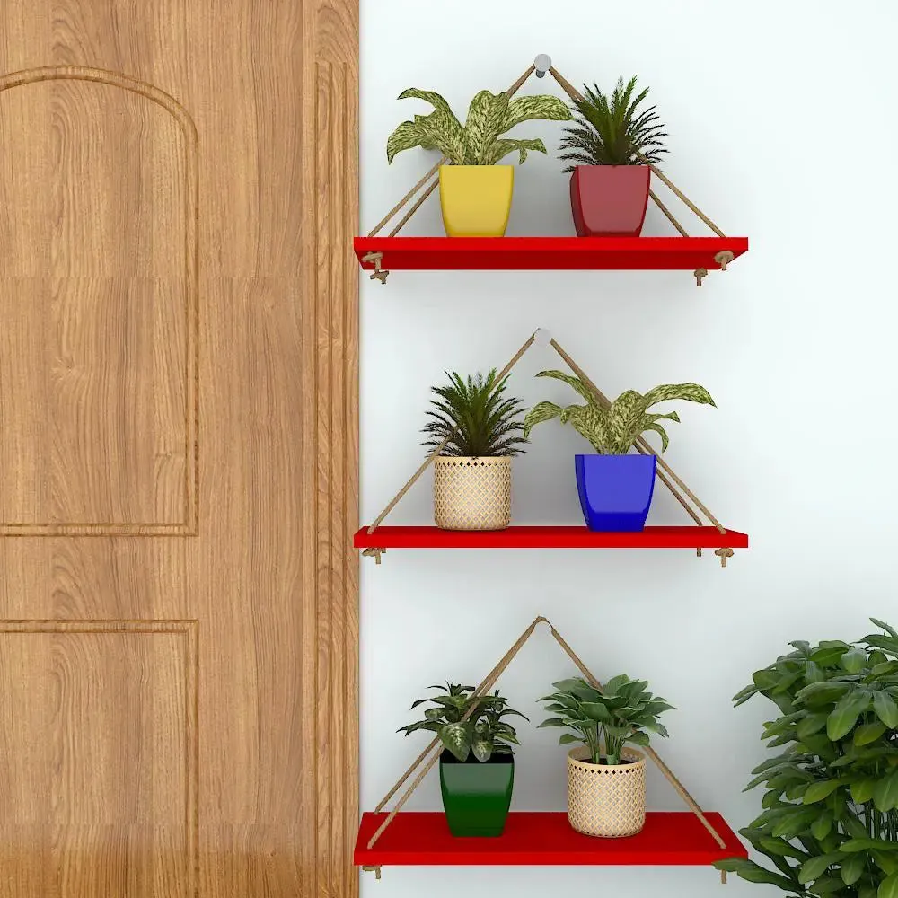 Wooden Wall Hanging Planter Shelf with Rope (Set of 3 Red Color)