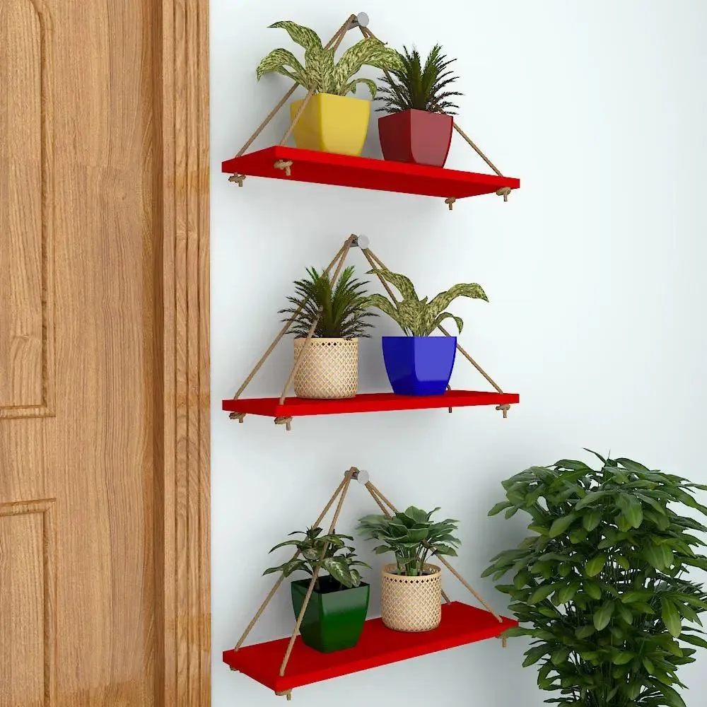 Wooden Wall Hanging Planter Shelf with Rope (Set of 3 Red Color)