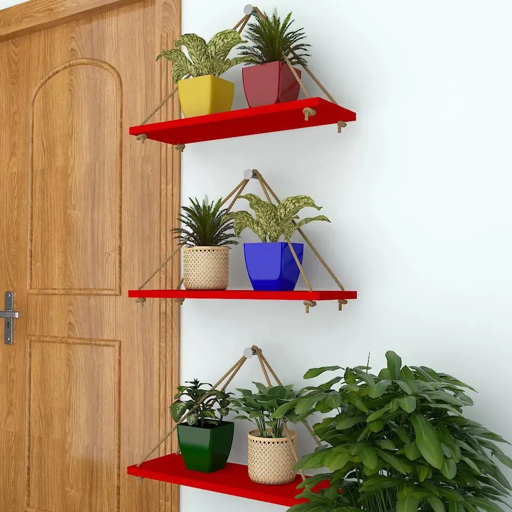 Wooden Wall Hanging Planter Shelf with Rope (Set of 3 Red Color)