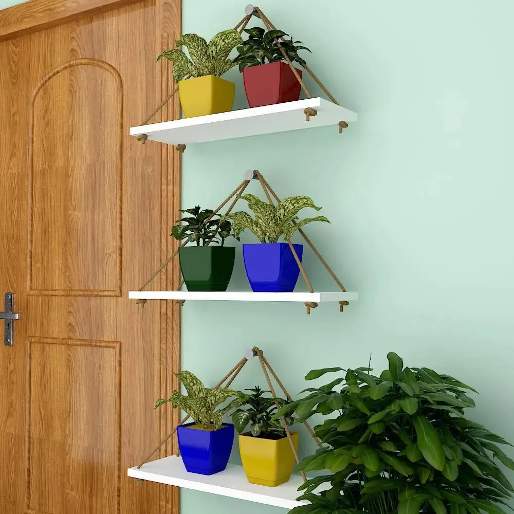 Wooden Wall Hanging Planter Shelf with Rope (Set of 3 White Color)