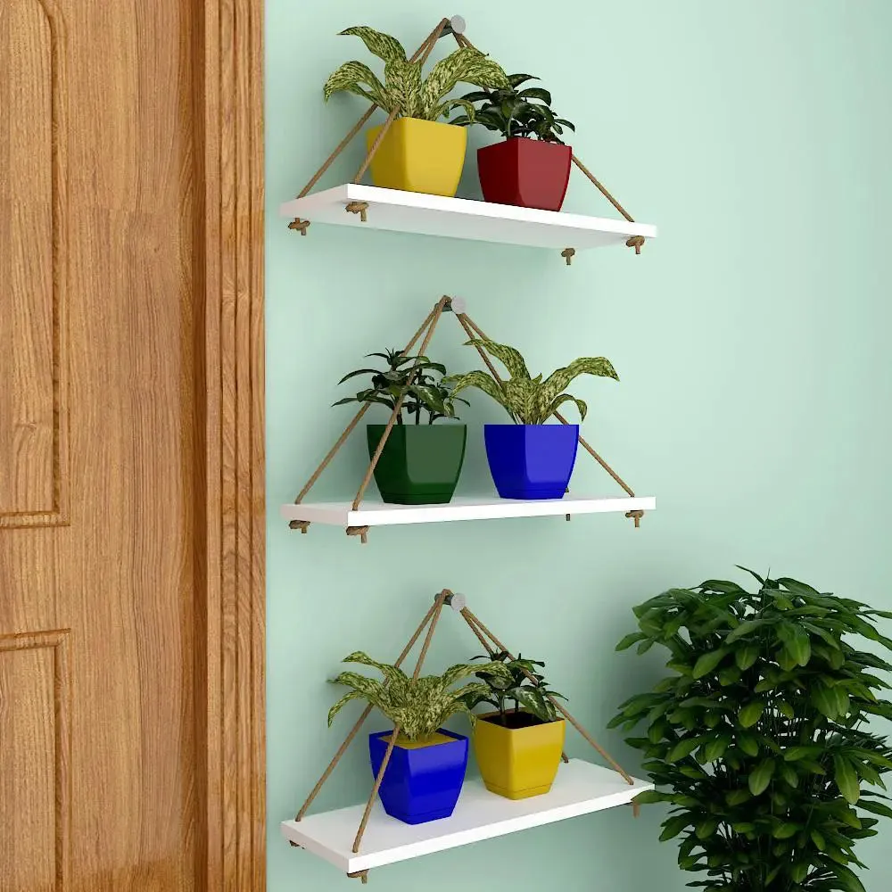 Wooden Wall Hanging Planter Shelf with Rope (Set of 3 White Color)