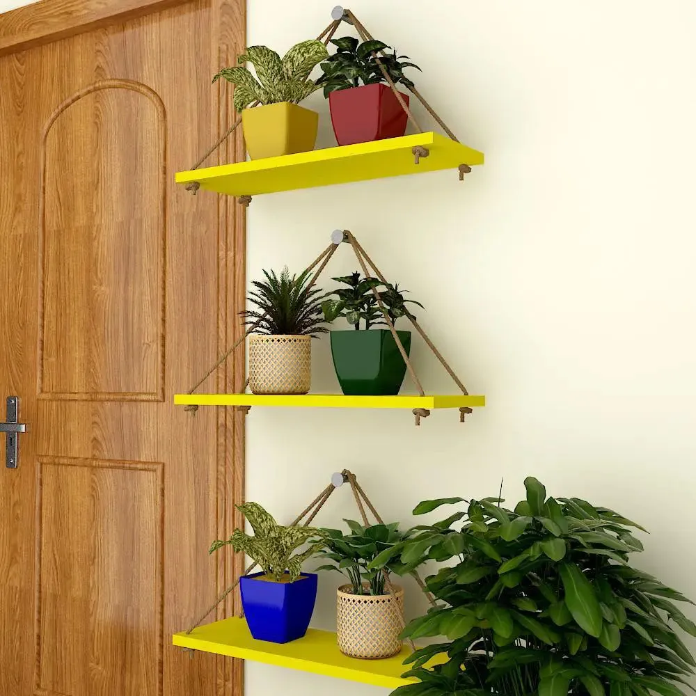 Wooden Wall Hanging Planter Shelf with Rope (Set of 3 Yellow Color)