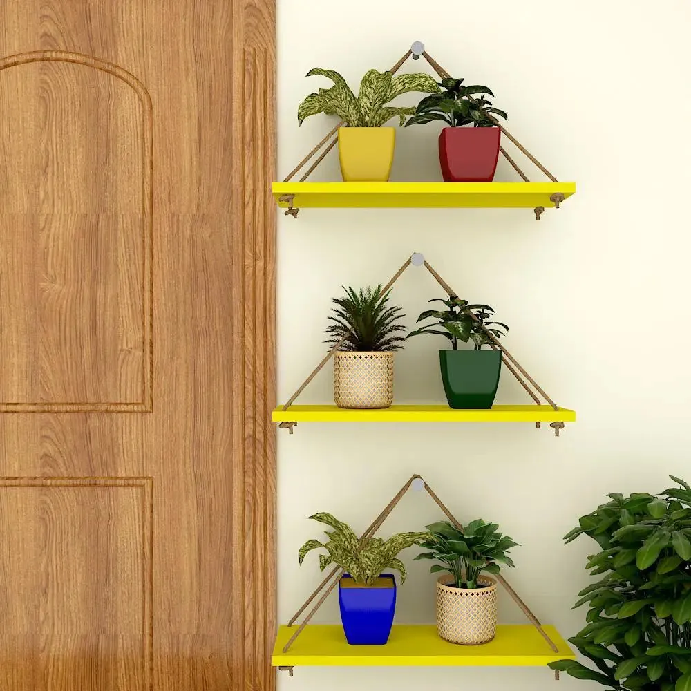 Wooden Wall Hanging Planter Shelf with Rope (Set of 3 Yellow Color)