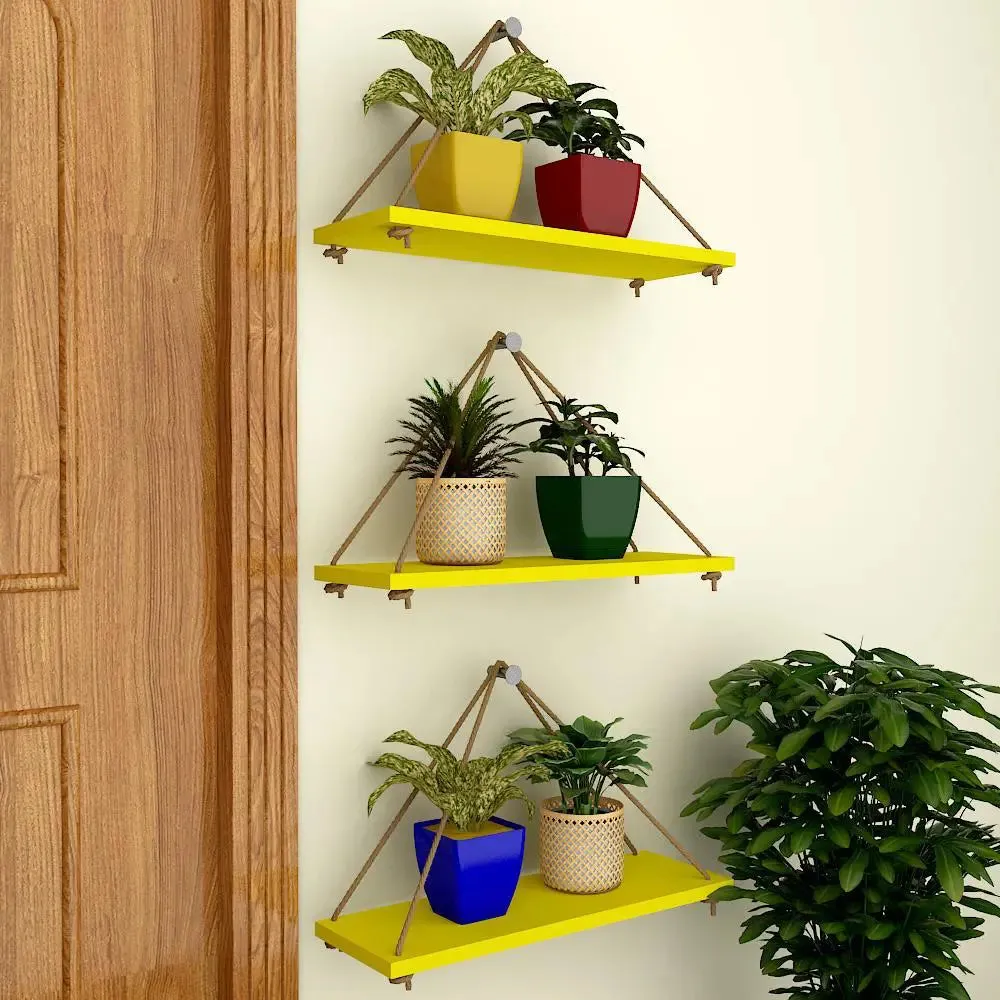 Wooden Wall Hanging Planter Shelf with Rope (Set of 3 Yellow Color)
