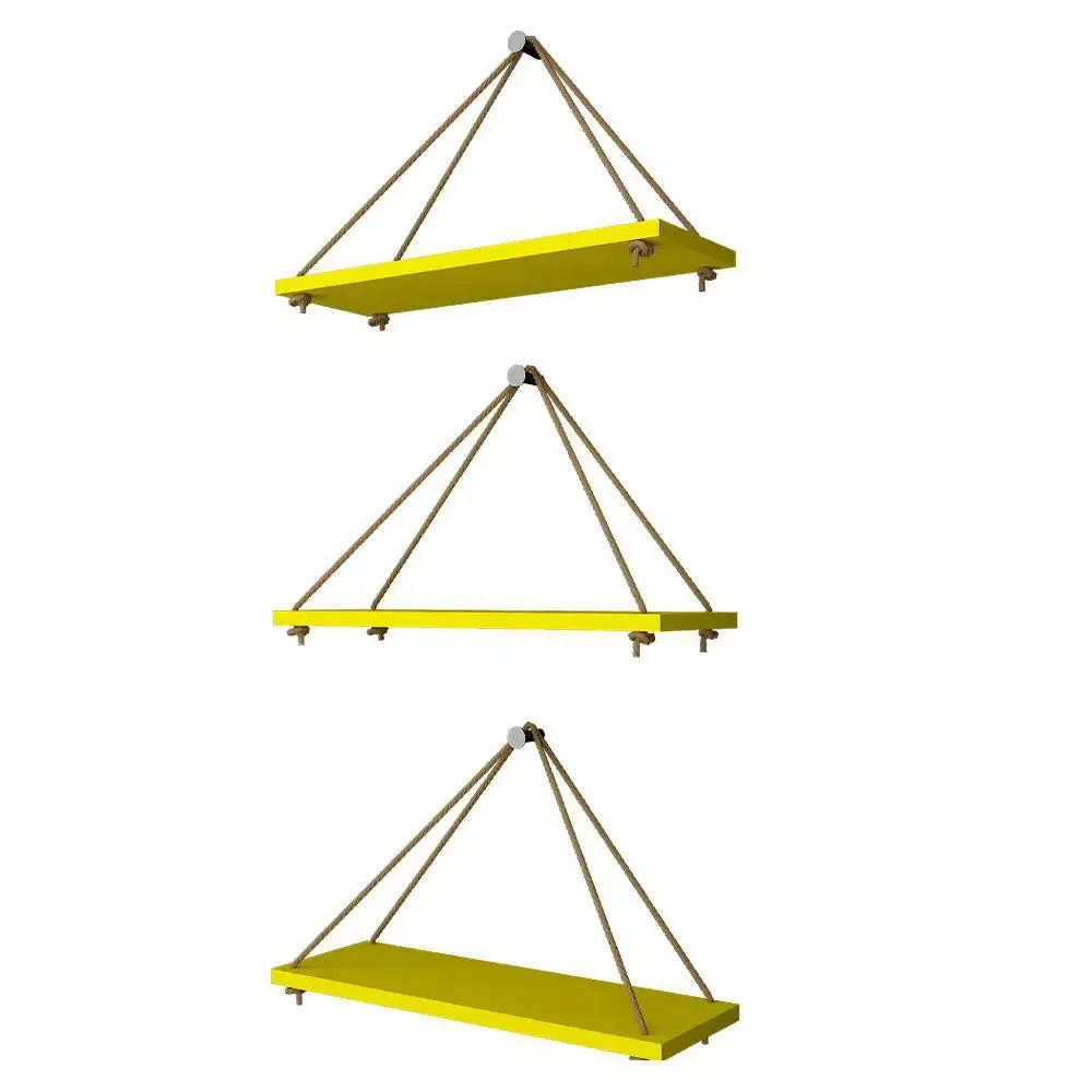 Wooden Wall Hanging Planter Shelf with Rope (Set of 3 Yellow Color)