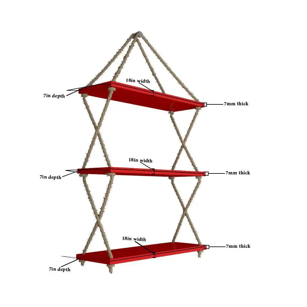 Wooden Wall Hanging Shelf with Cross Rope (3 layers, Red Color)