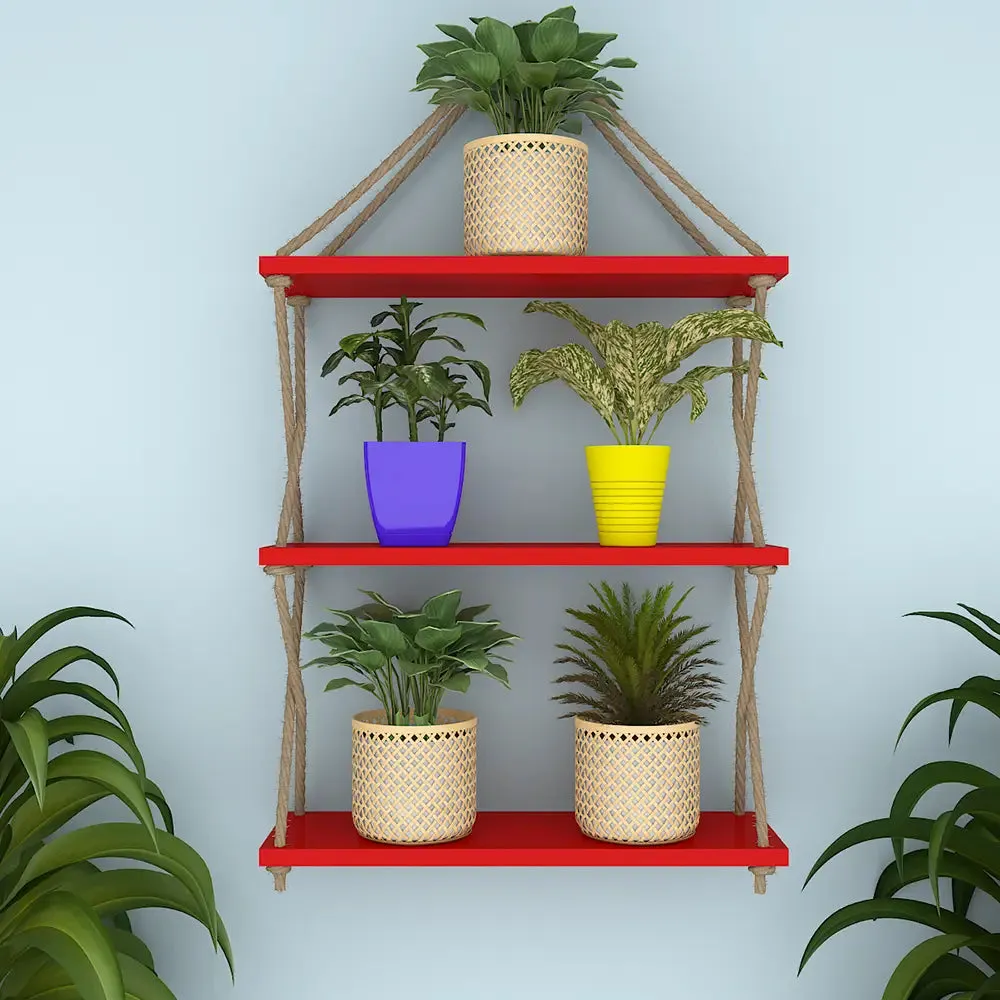 Wooden Wall Hanging Shelf with Cross Rope (3 layers, Red Color)