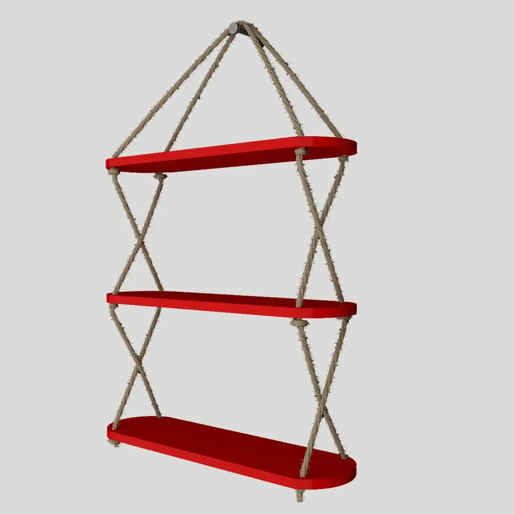 Wooden Wall Hanging Shelf with Cross Rope (3 layers, Red Color)