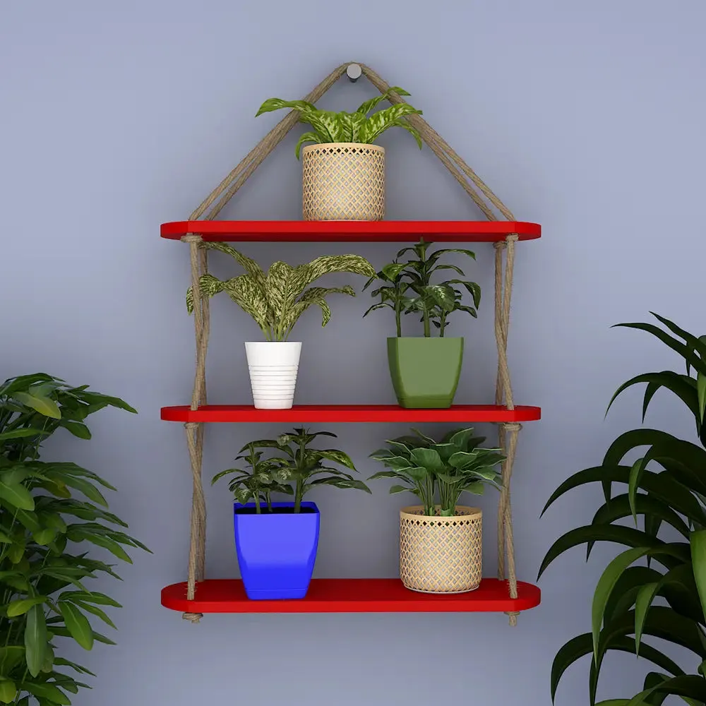 Wooden Wall Hanging Shelf with Cross Rope (3 layers, Red Color)