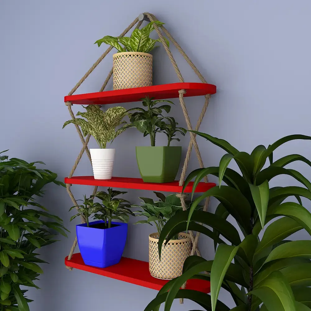 Wooden Wall Hanging Shelf with Cross Rope (3 layers, Red Color)
