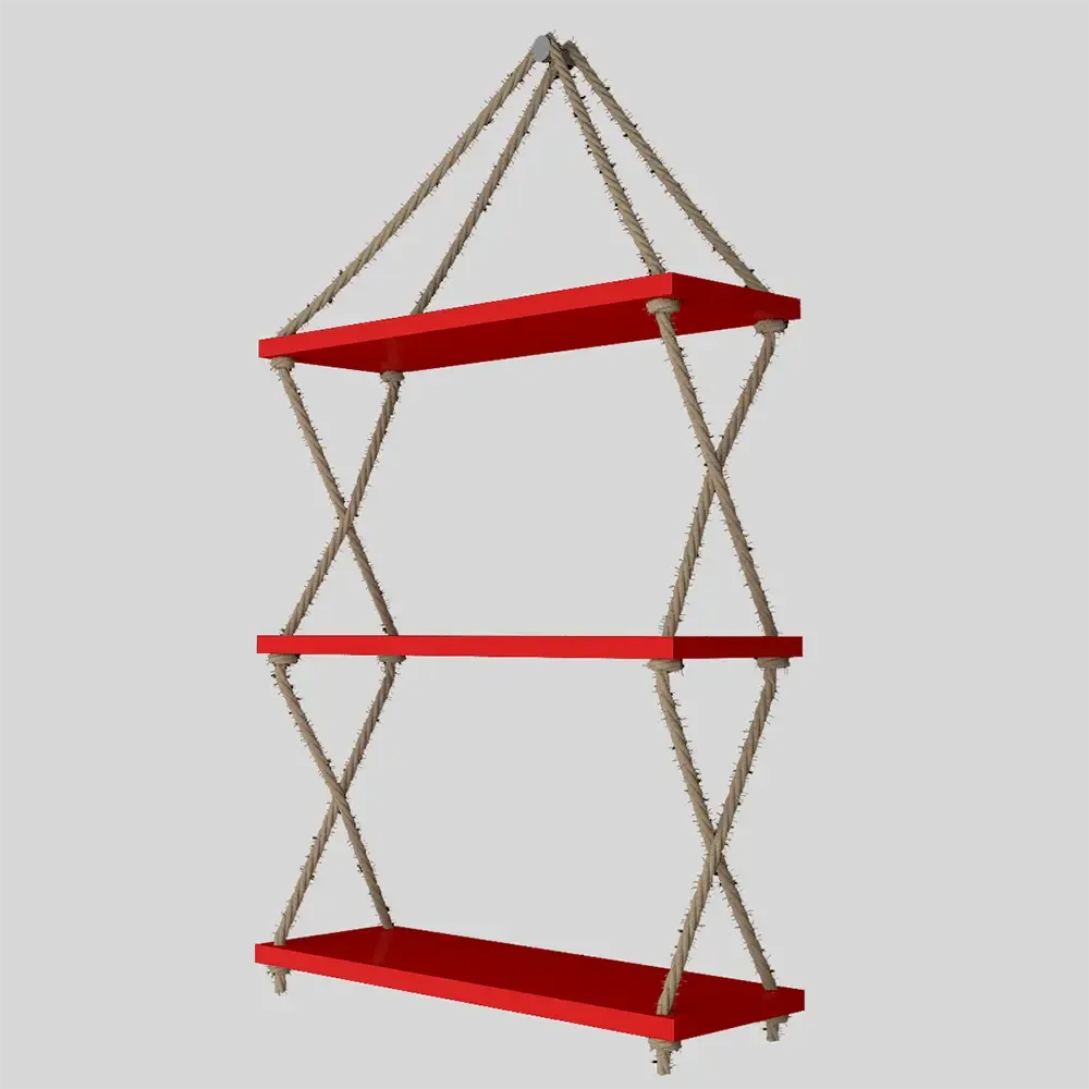 Wooden Wall Hanging Shelf with Cross Rope (3 layers, Red Color)