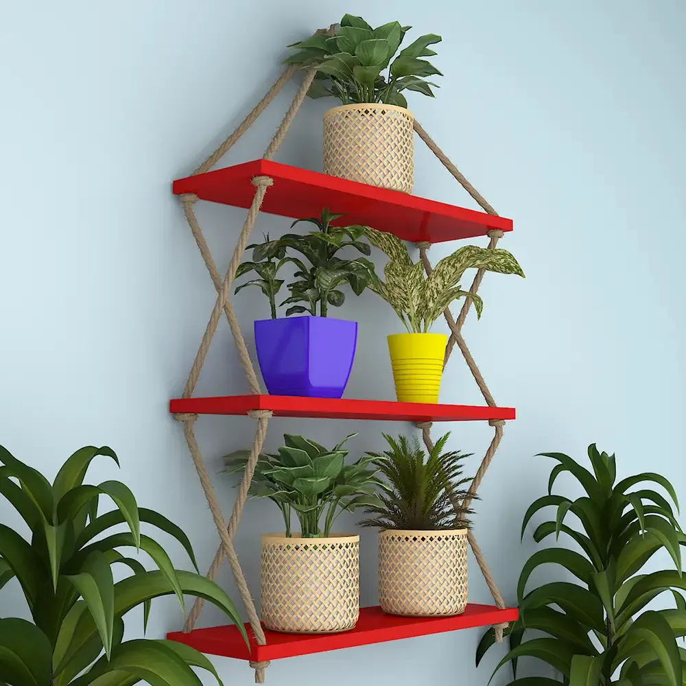 Wooden Wall Hanging Shelf with Cross Rope (3 layers, Red Color)