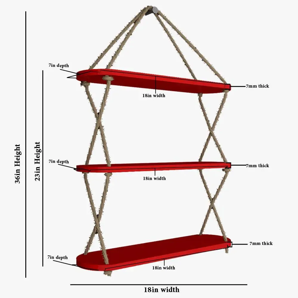 Wooden Wall Hanging Shelf with Cross Rope (3 layers, Red Color)
