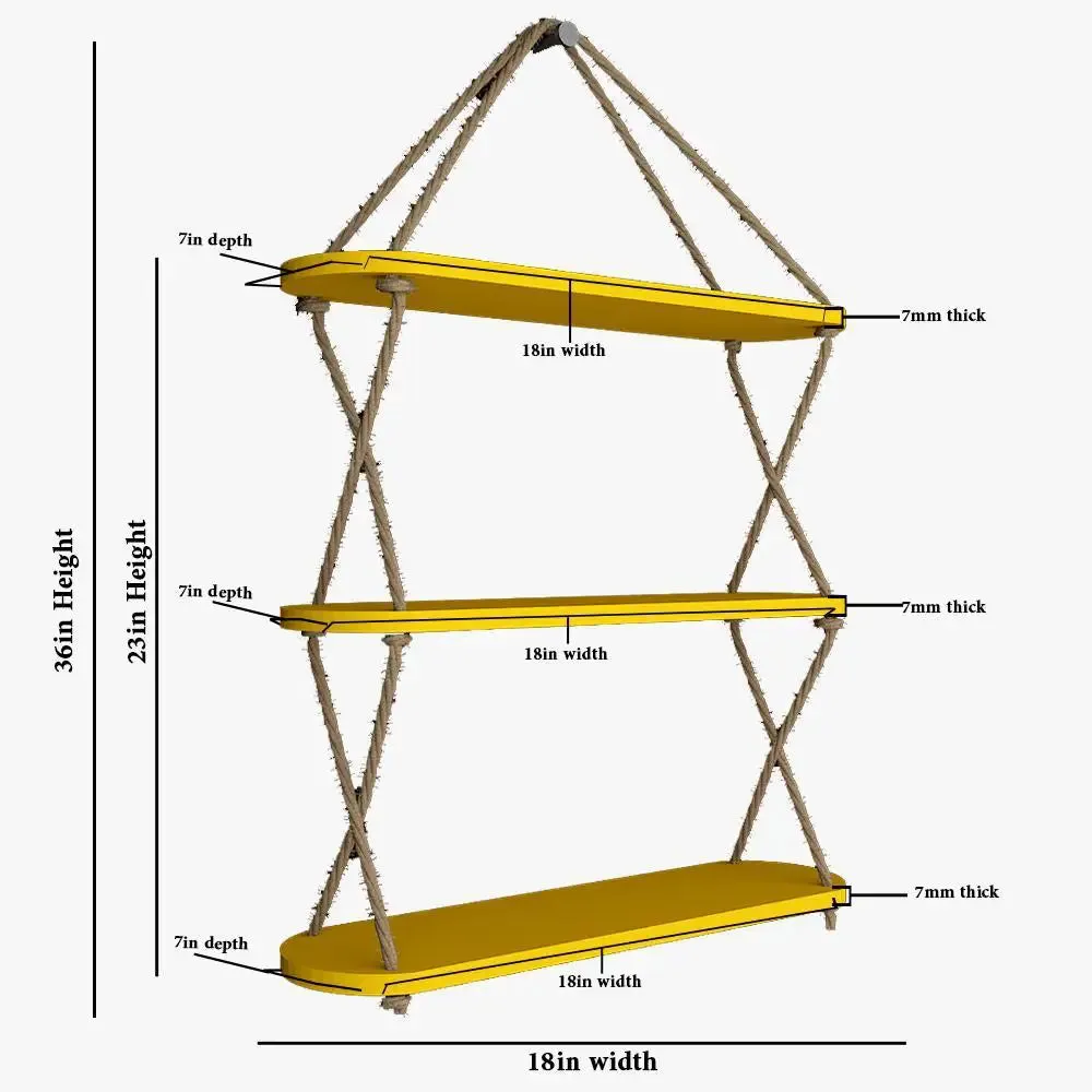 Wooden Wall Hanging Shelf with Cross Rope (3 layers, Yellow Color)