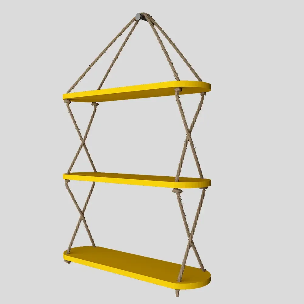 Wooden Wall Hanging Shelf with Cross Rope (3 layers, Yellow Color)