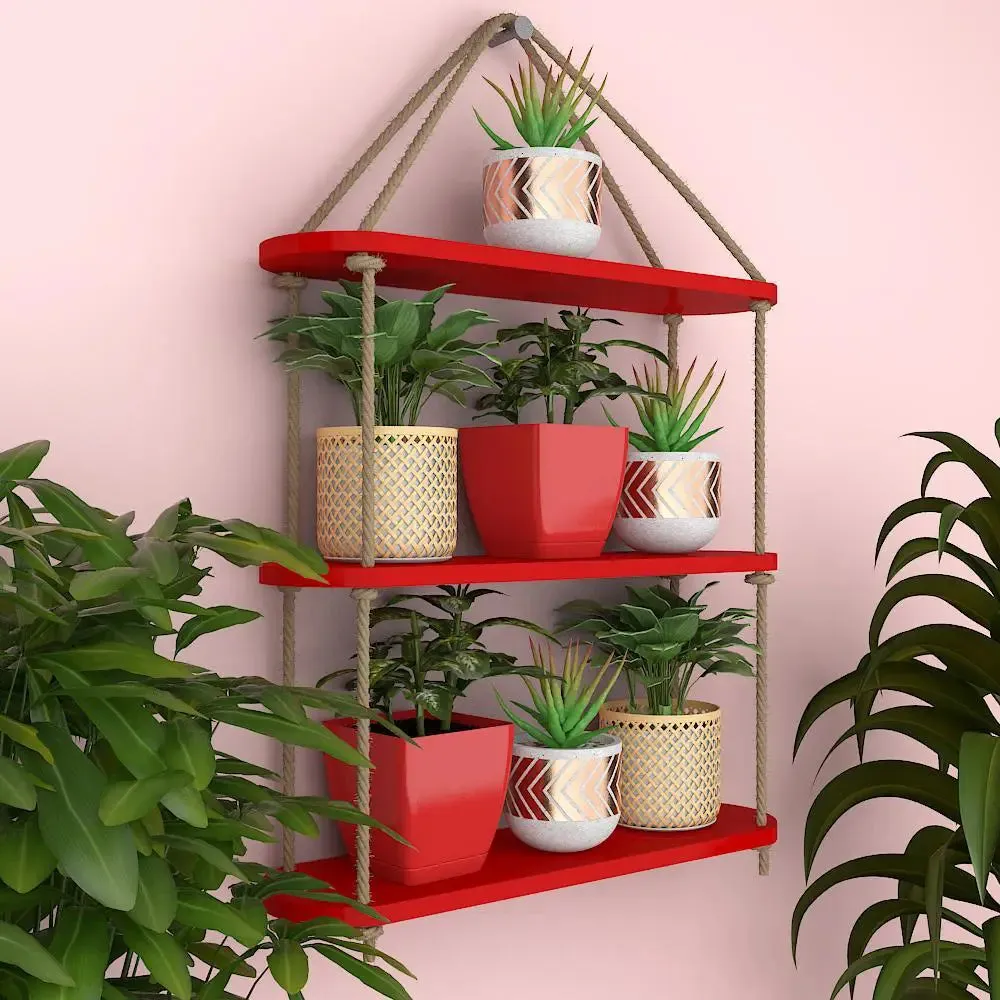 Wooden Wall Hanging Shelf with Rope (3 layers, Red Color)