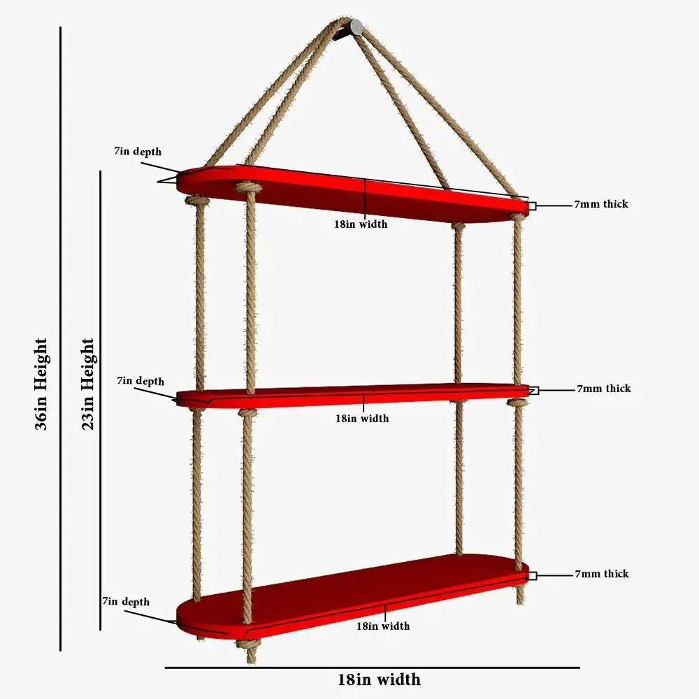 Wooden Wall Hanging Shelf with Rope (3 layers, Red Color)