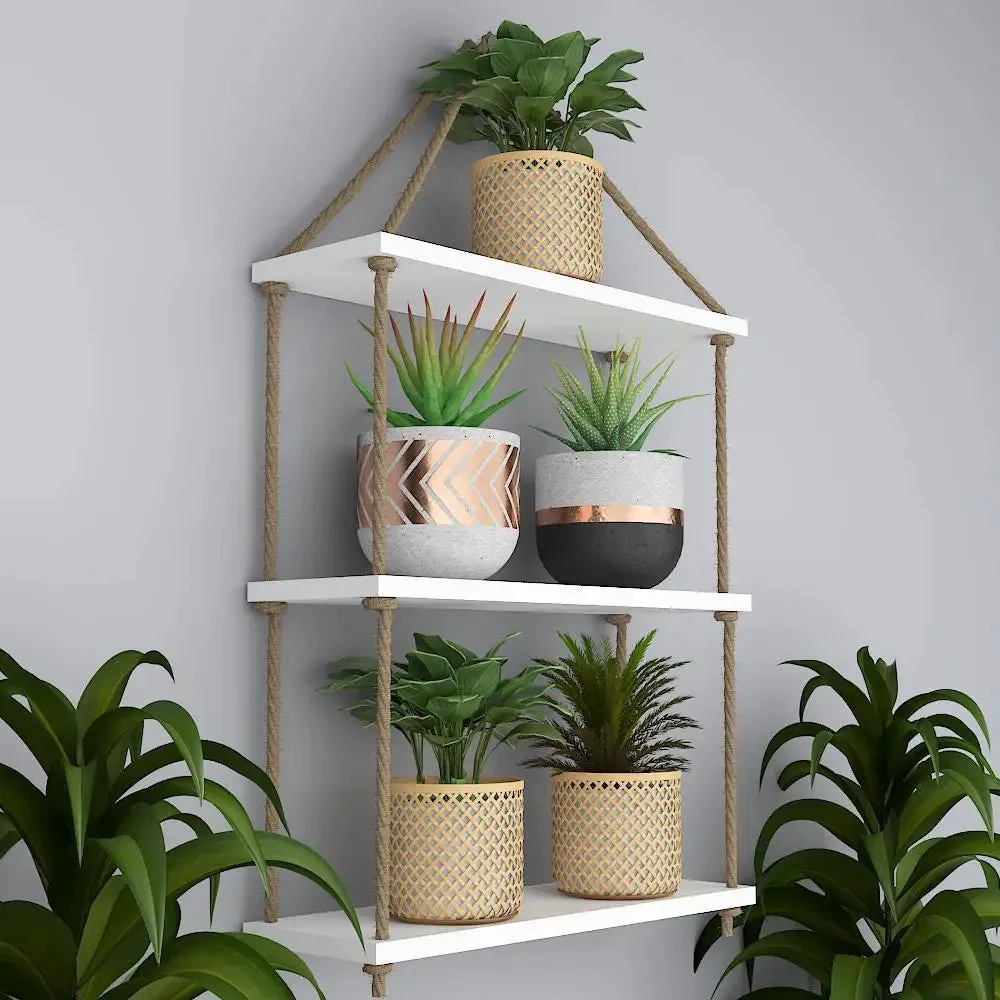 Wooden Wall Hanging Shelf with Rope (3 layers, White Color)