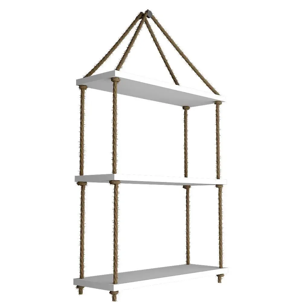 Wooden Wall Hanging Shelf with Rope (3 layers, White Color)