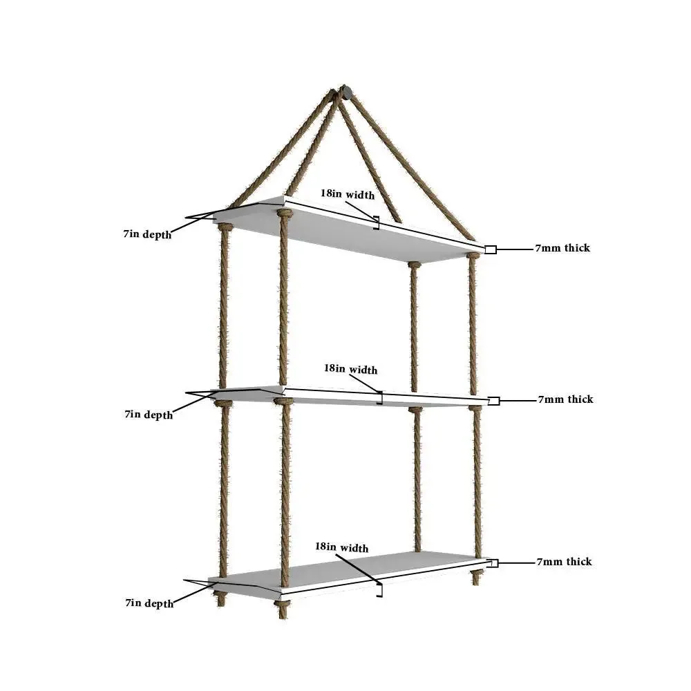 Wooden Wall Hanging Shelf with Rope (3 layers, White Color)