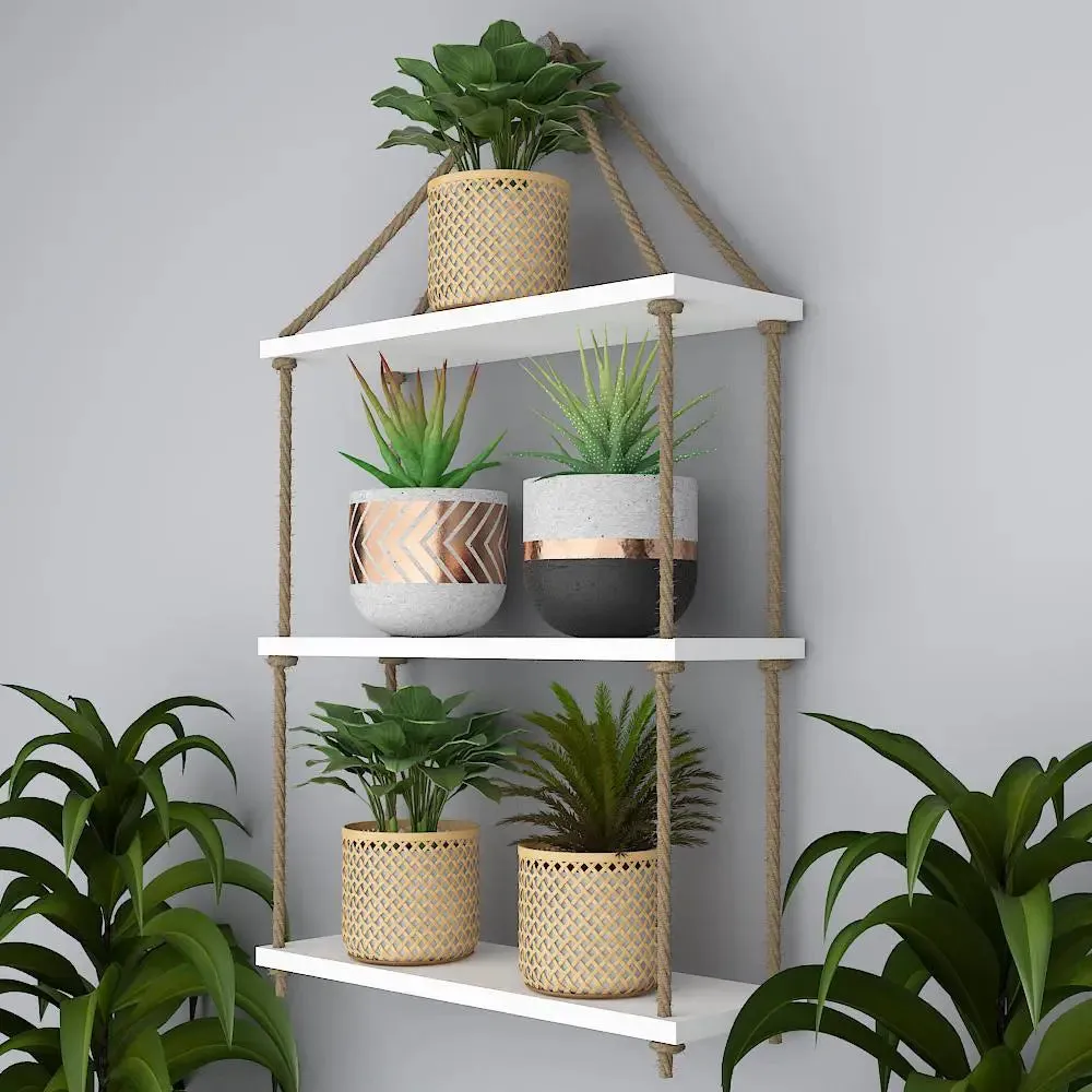 Wooden Wall Hanging Shelf with Rope (3 layers, White Color)
