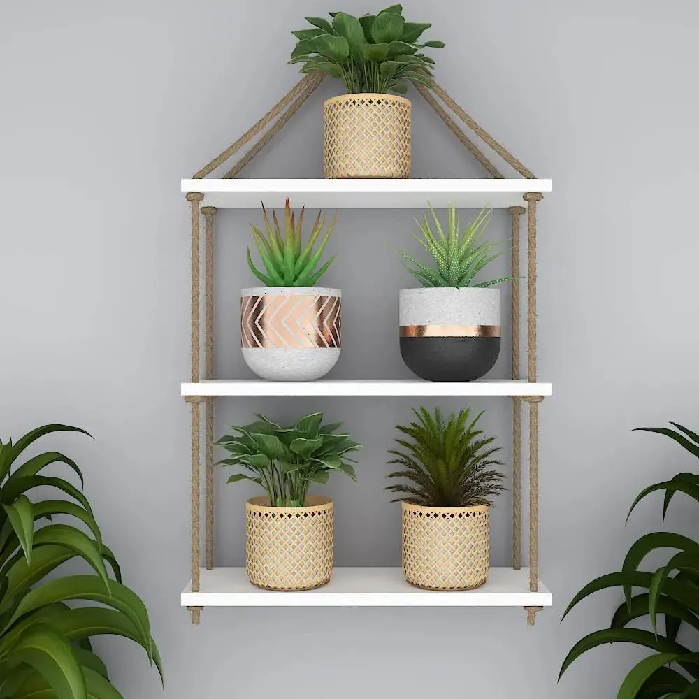 Wooden Wall Hanging Shelf with Rope (3 layers, White Color)