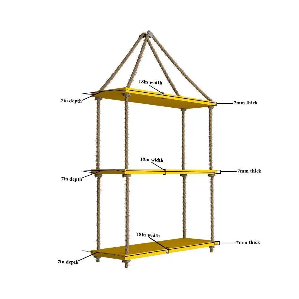 Wooden Wall Hanging Shelf with Rope (3 layers, Yellow Color)