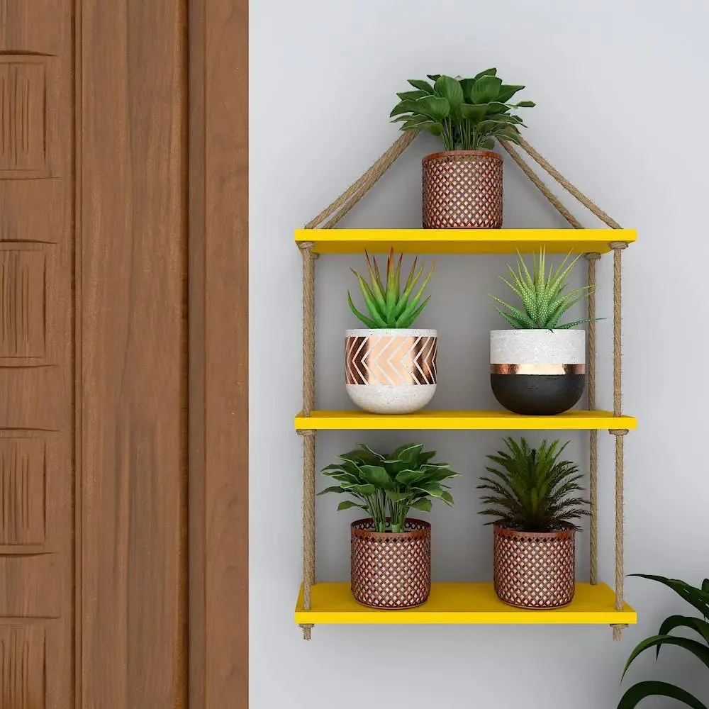 Wooden Wall Hanging Shelf with Rope (3 layers, Yellow Color)