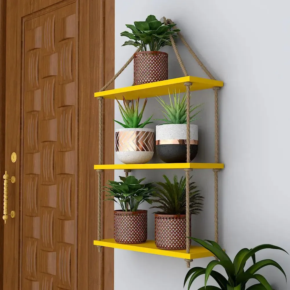 Wooden Wall Hanging Shelf with Rope (3 layers, Yellow Color)