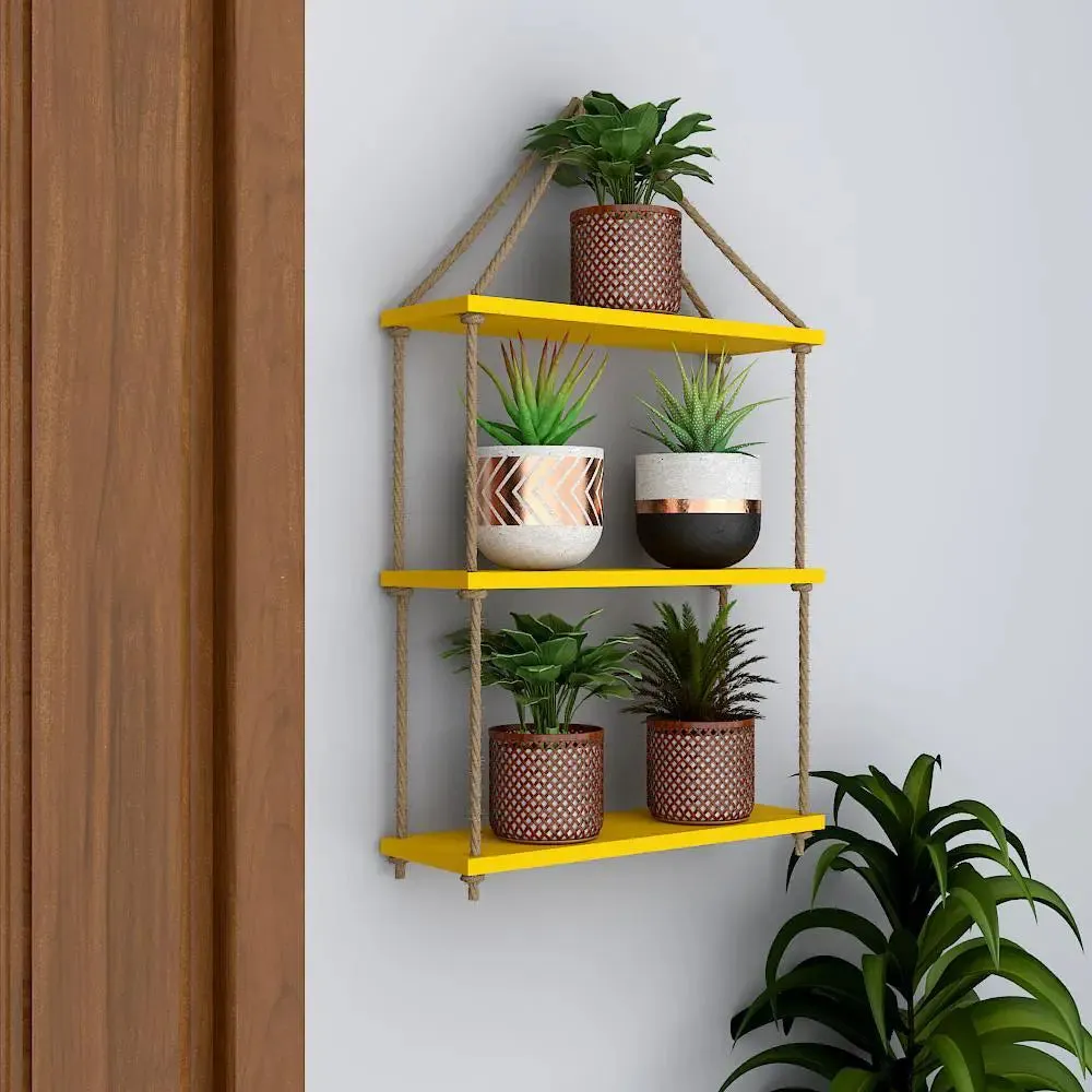 Wooden Wall Hanging Shelf with Rope (3 layers, Yellow Color)