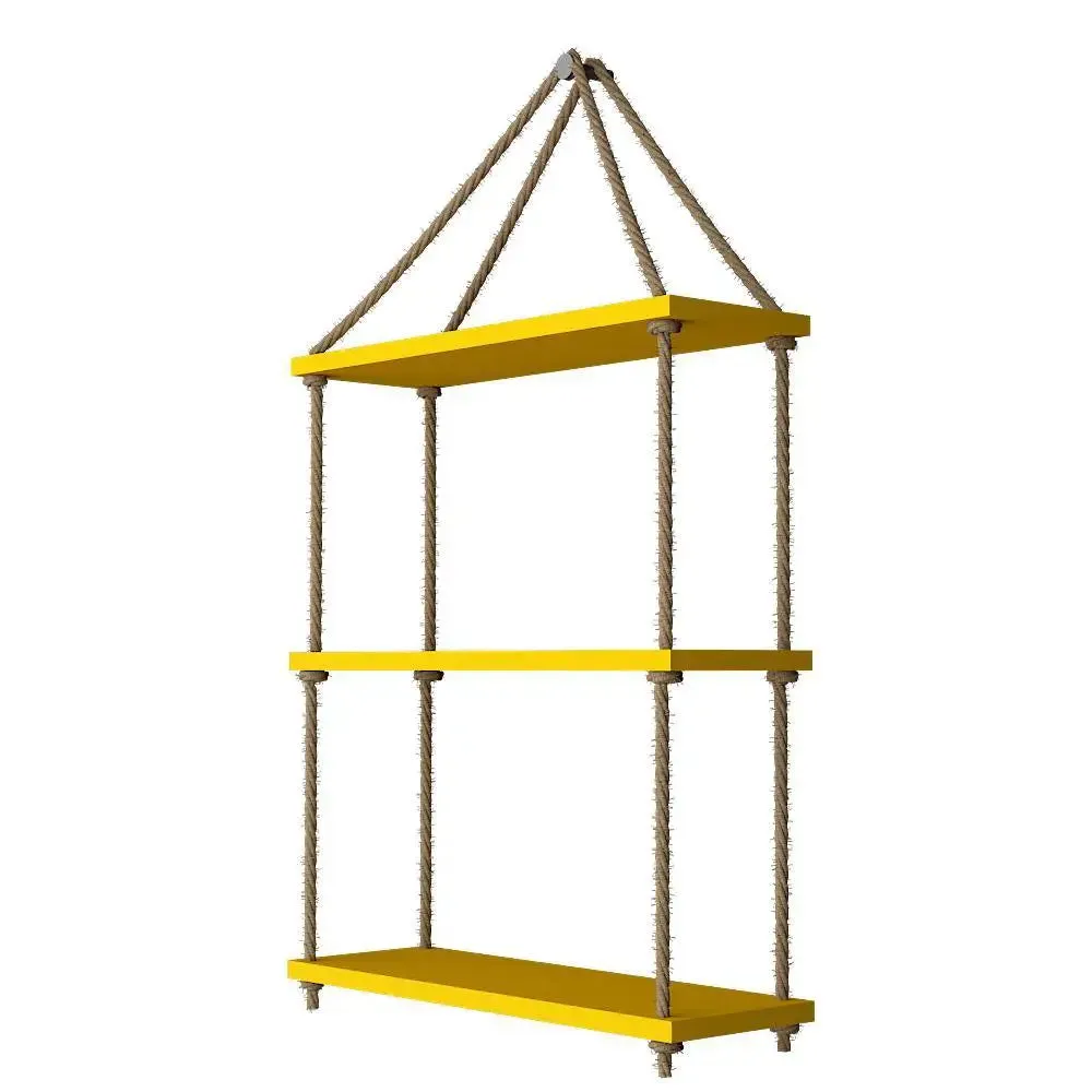 Wooden Wall Hanging Shelf with Rope (3 layers, Yellow Color)