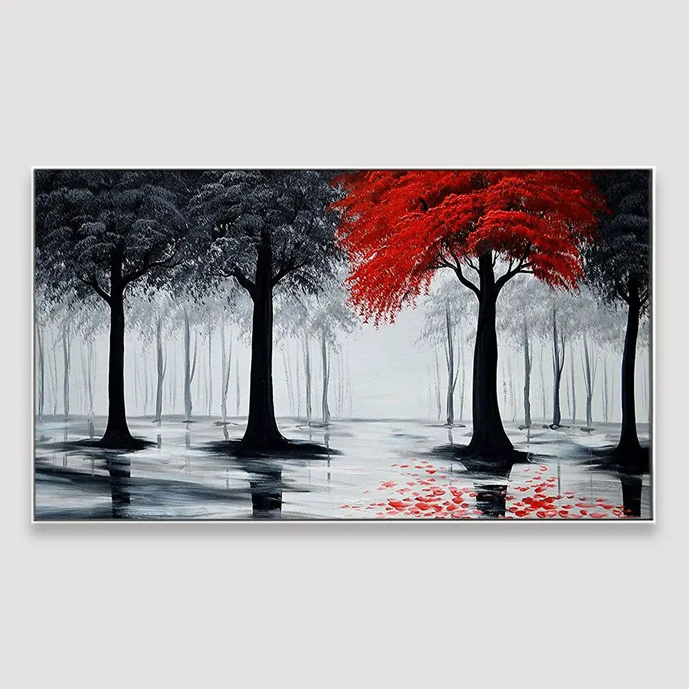Woodland Red &amp; Black Canvas Panoramic Wall Painting With Frame