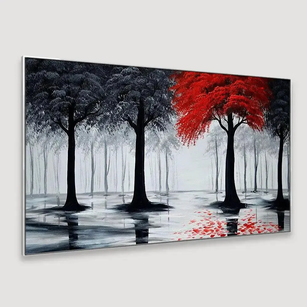 Woodland Red &amp; Black Canvas Panoramic Wall Painting With Frame