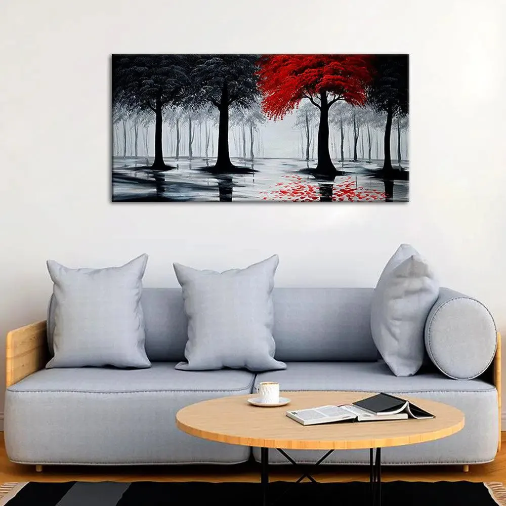 Woodland Red &amp; Black Canvas Panoramic Wall Painting With Frame