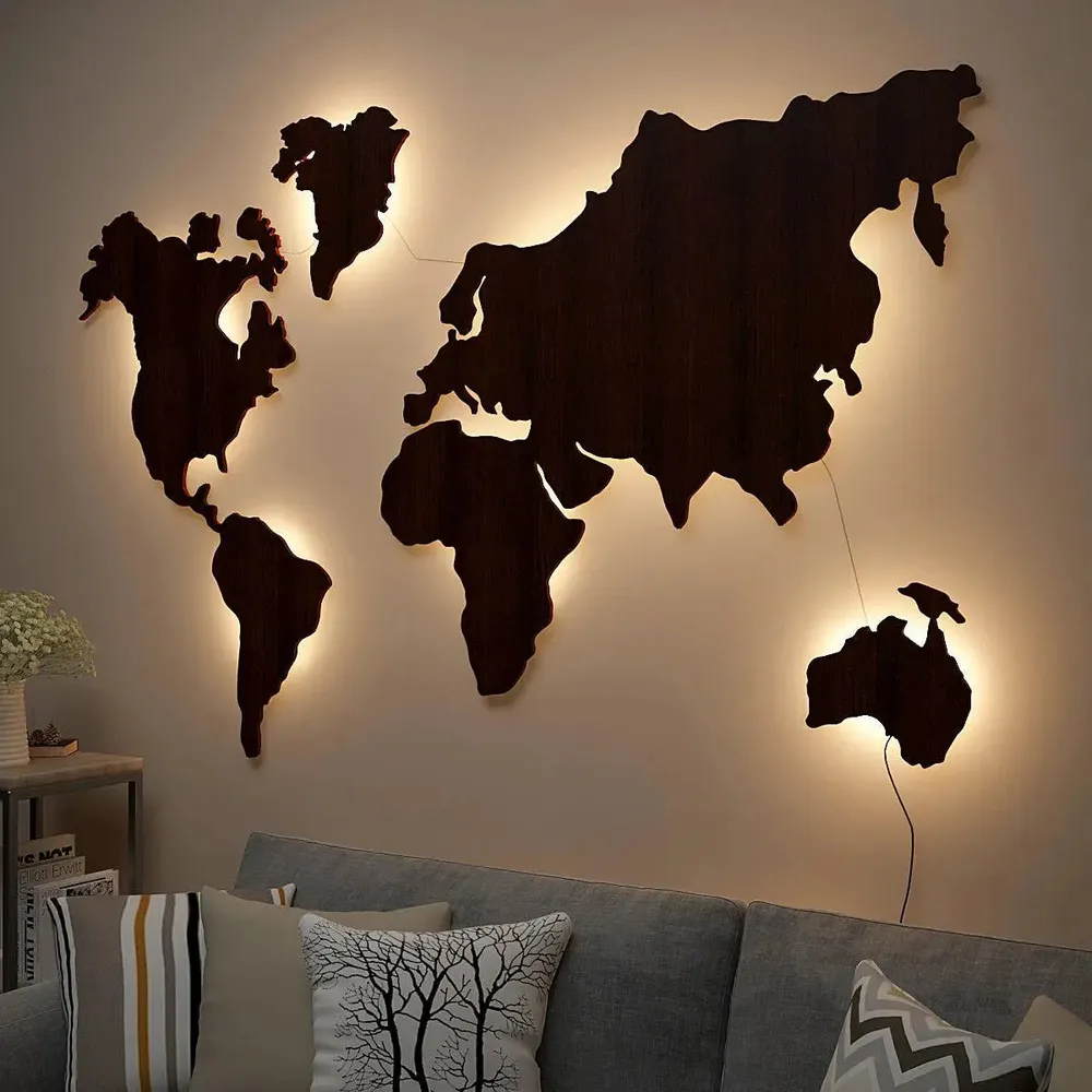 World Map Backlit Wood Acrylic Wall Décor / Night Light, Walnut Finish
