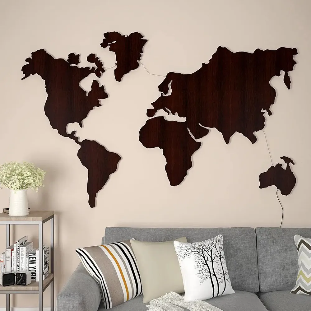 World Map Backlit Wood Acrylic Wall Décor / Night Light, Walnut Finish