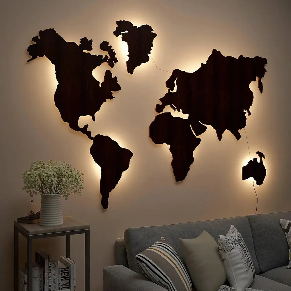 World Map Backlit Wood Acrylic Wall Décor / Night Light, Walnut Finish