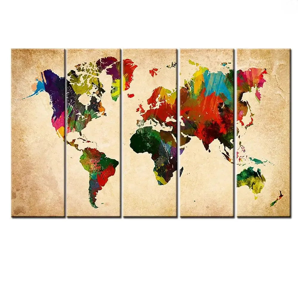 World Map Wall Painting on Canvas Wooden Multiple Frames