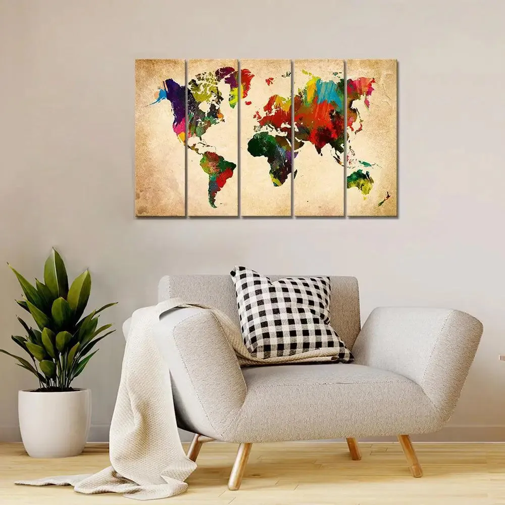World Map Wall Painting on Canvas Wooden Multiple Frames