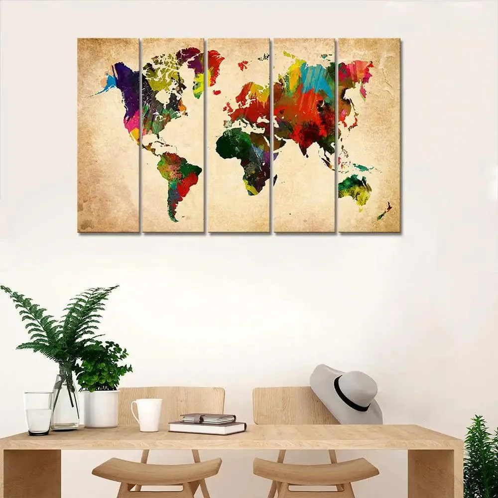 World Map Wall Painting on Canvas Wooden Multiple Frames