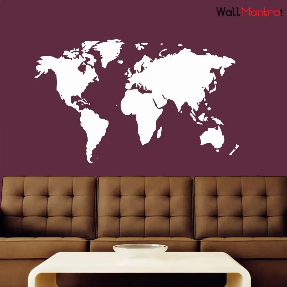 World Map Wall Sticker Medium Size White Color 122cm Width X 74cm