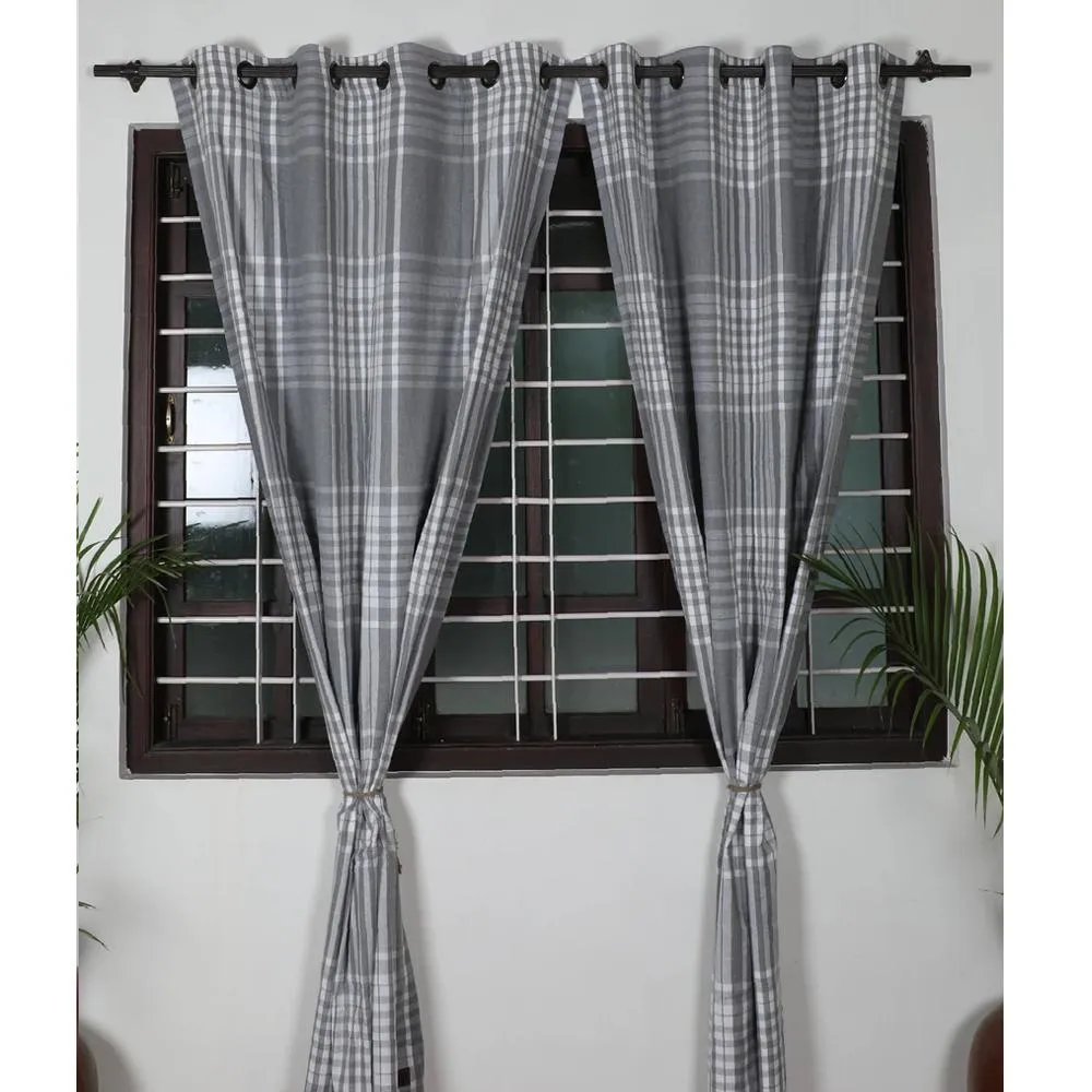 Woven Grey Checkered Eyelet Door Curtain