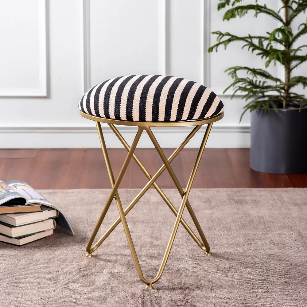 Woven Striped Black and White Cottony Metal Ottoman Stool