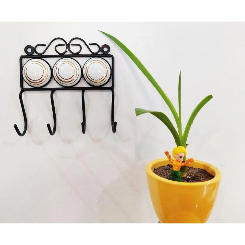 Wrought Iron Multi-Design Ceramic Wall Hook, White  - Set of 2