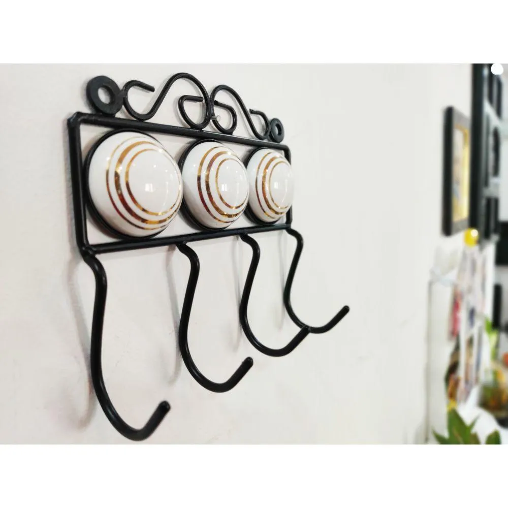 Wrought Iron Multi-Design Ceramic Wall Hook, White  - Set of 2