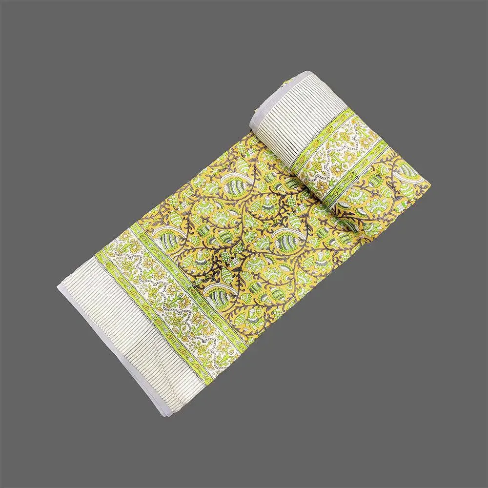 Yellow &amp; Green Traditional Pattern Hand Block Printed Single Bed Cotton Dohar