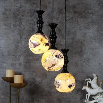 Yellow &amp; Grey Splashed Trio Globe Cluster Ceiling Light