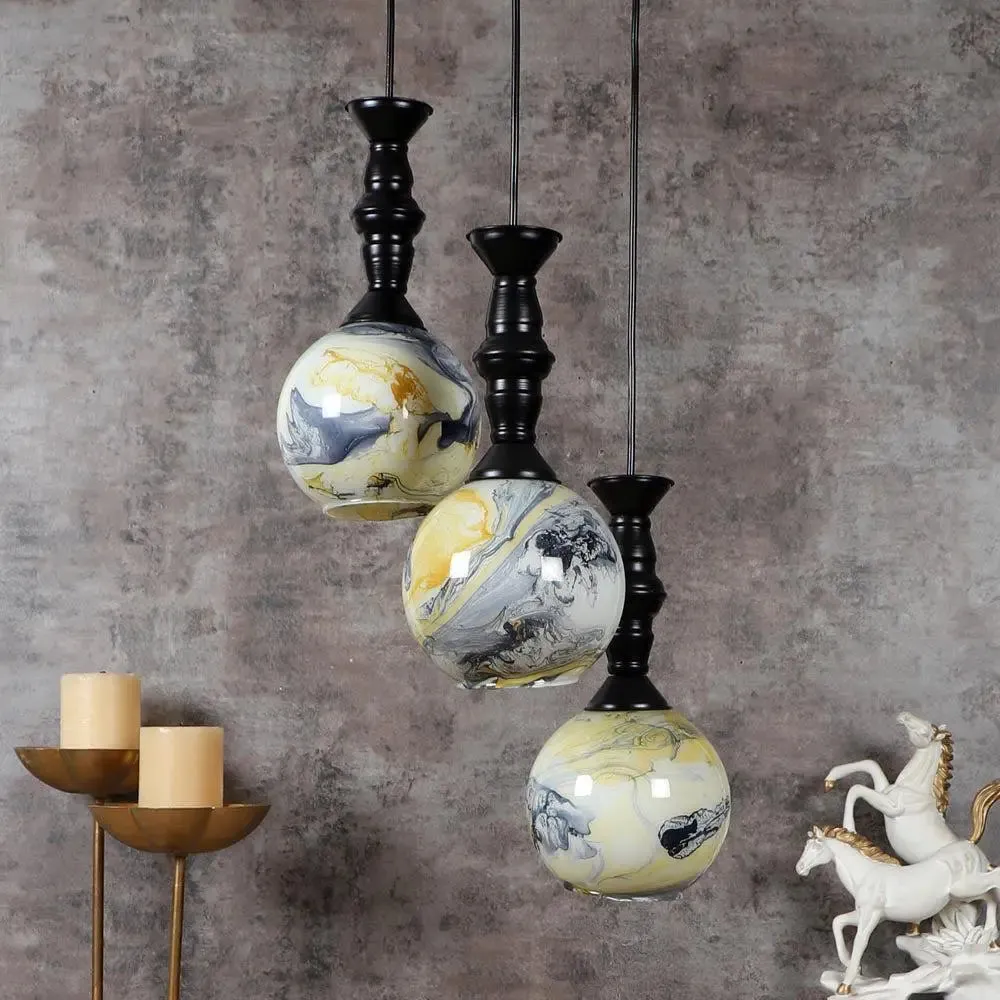 Yellow &amp; Grey Splashed Trio Globe Cluster Ceiling Light